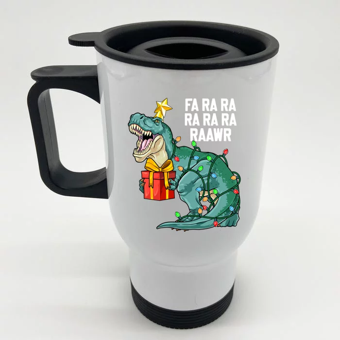 Christmas Dinosaur Fa Ra Ra Rawr Cute Trex Xmas Gift Front & Back Stainless Steel Travel Mug