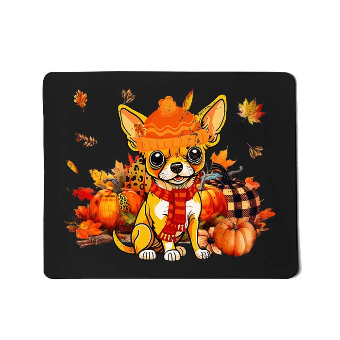 Chihuahua Dog Fall Scarf Leopard Pumpkins Autumn Leaves Mousepad