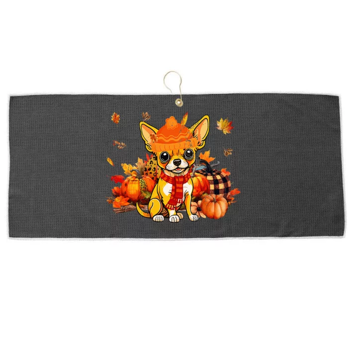 Chihuahua Dog Fall Scarf Leopard Pumpkins Autumn Leaves Large Microfiber Waffle Golf Towel