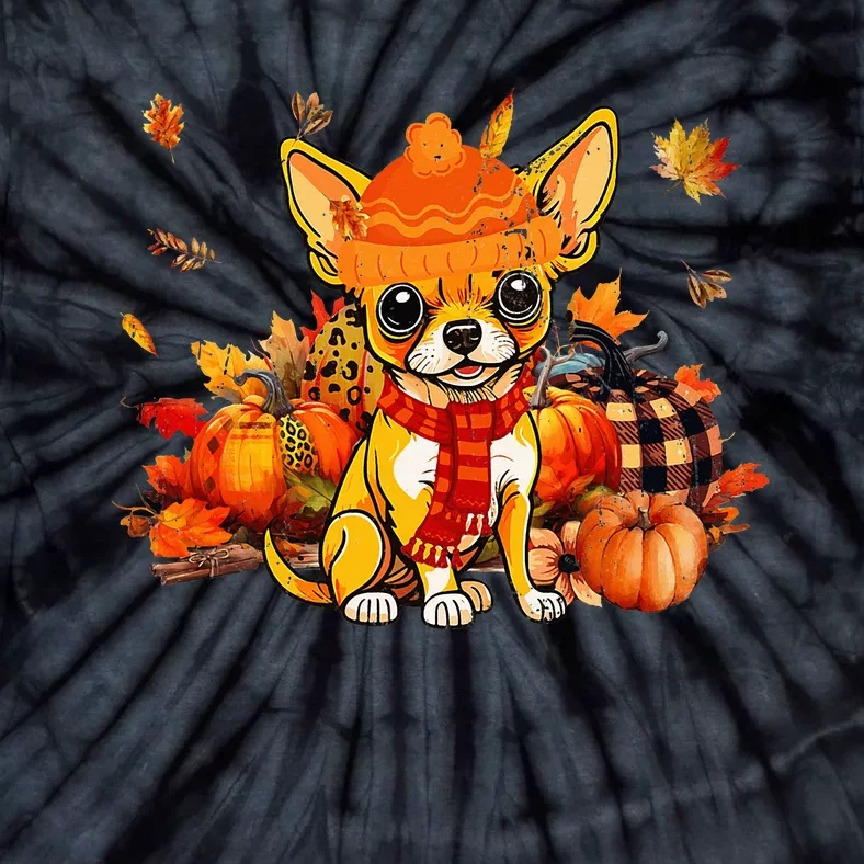 Chihuahua Dog Fall Scarf Leopard Pumpkins Autumn Leaves Tie-Dye T-Shirt