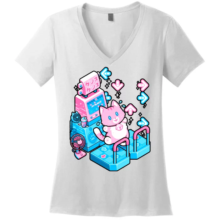 Cute Dancing Game Kitty Women's V-Neck T-Shirt