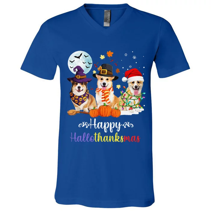 Corgi Dog Halloween Merry Christmas Happy Hallothanksmas V-Neck T-Shirt