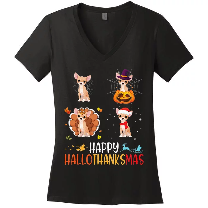 Chihuahua Dog Hallothanksmas Halloween Thanksgiving Xmas Women's V-Neck T-Shirt