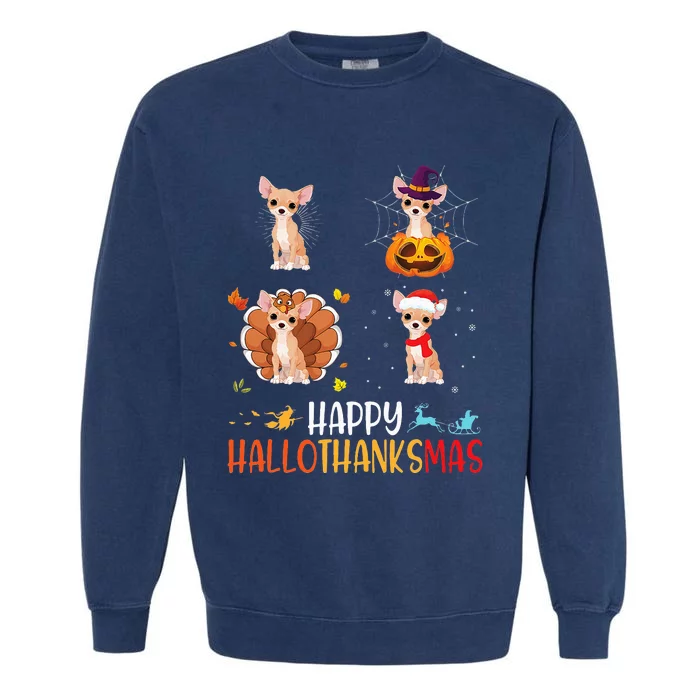 Chihuahua Dog Hallothanksmas Halloween Thanksgiving Xmas Garment-Dyed Sweatshirt