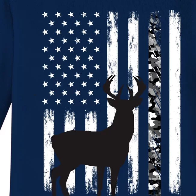 Camouflage Deer Hunting Funny Gift Dad Hunter Camo Usa Flag Cute Gift Baby Long Sleeve Bodysuit