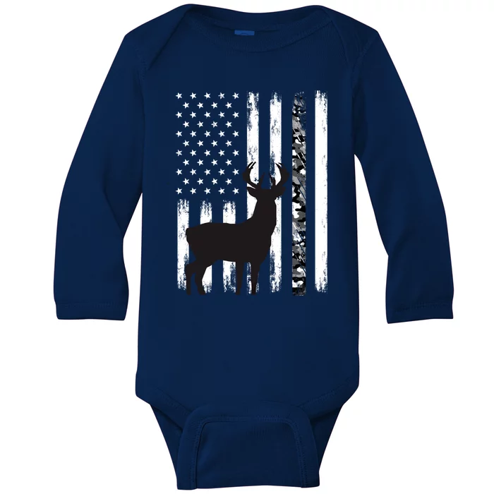 Camouflage Deer Hunting Funny Gift Dad Hunter Camo Usa Flag Cute Gift Baby Long Sleeve Bodysuit