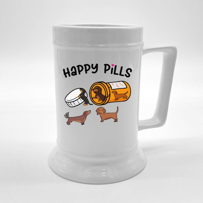 Cute Dachshund Happy Pills Funny Weiner Dog Mom Dad Lover Front & Back Beer Stein