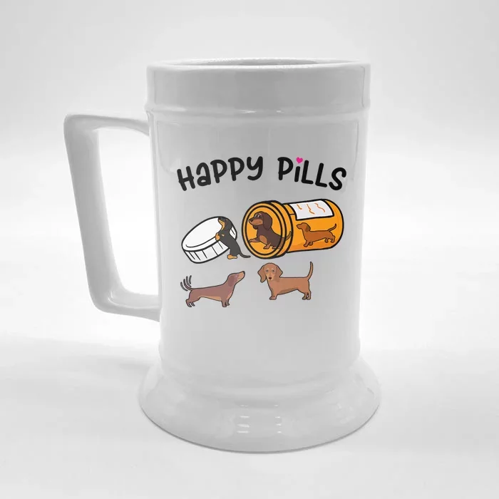 Cute Dachshund Happy Pills Funny Weiner Dog Mom Dad Lover Front & Back Beer Stein