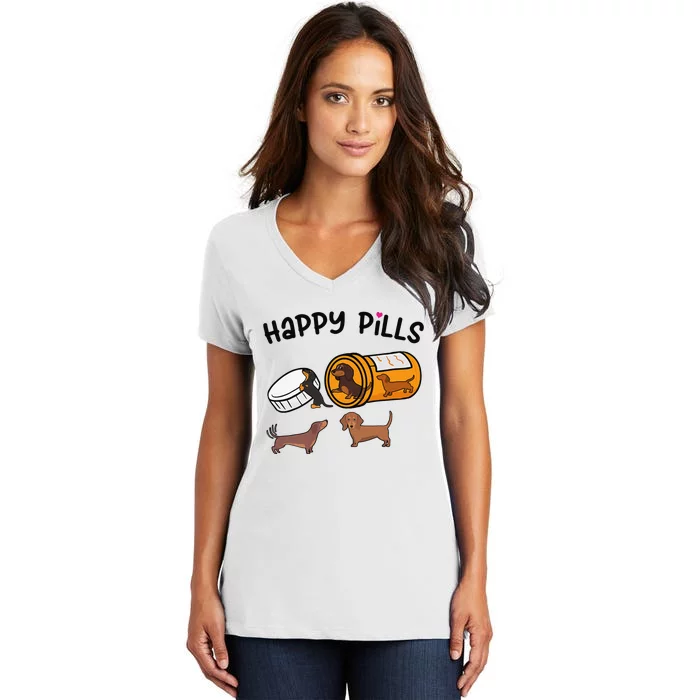 Cute Dachshund Happy Pills Funny Weiner Dog Mom Dad Lover Women's V-Neck T-Shirt