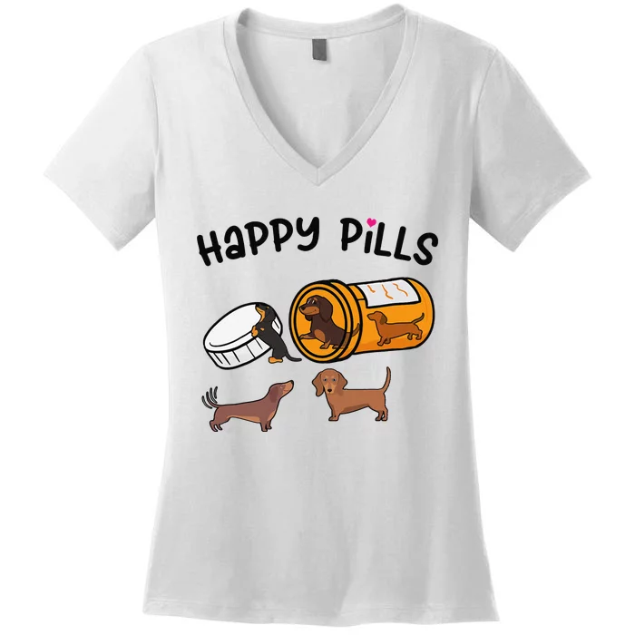 Cute Dachshund Happy Pills Funny Weiner Dog Mom Dad Lover Women's V-Neck T-Shirt