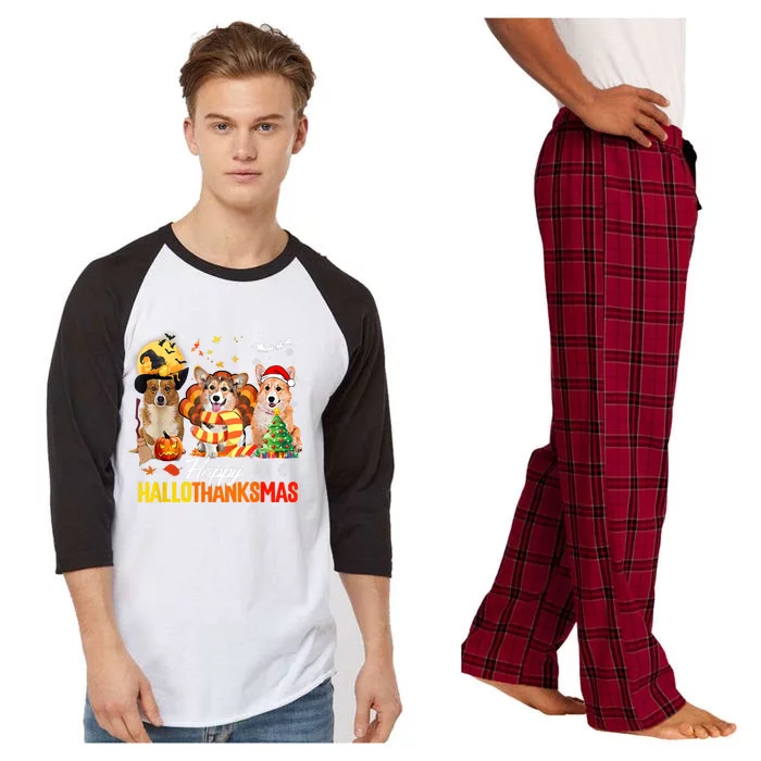 Corgi Dog Halloween Merry Christmas Happy Hallothanksmas Raglan Sleeve Pajama Set