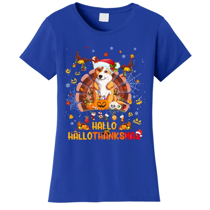 Corgi Dog Happy Hallothanksmas Halloween Thanksgiving Xmas Cute Gift Women's T-Shirt