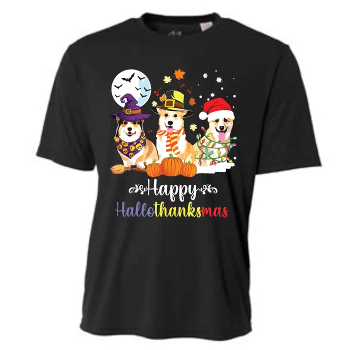 Corgi Dog Halloween Merry Christmas Happy Hallothanksmas Cooling Performance Crew T-Shirt