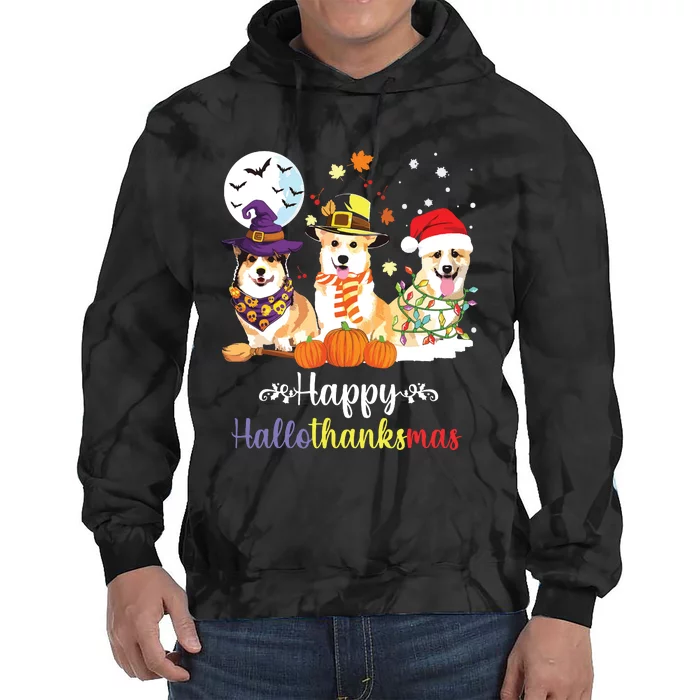 Corgi Dog Halloween Merry Christmas Happy Hallothanksmas Tie Dye Hoodie