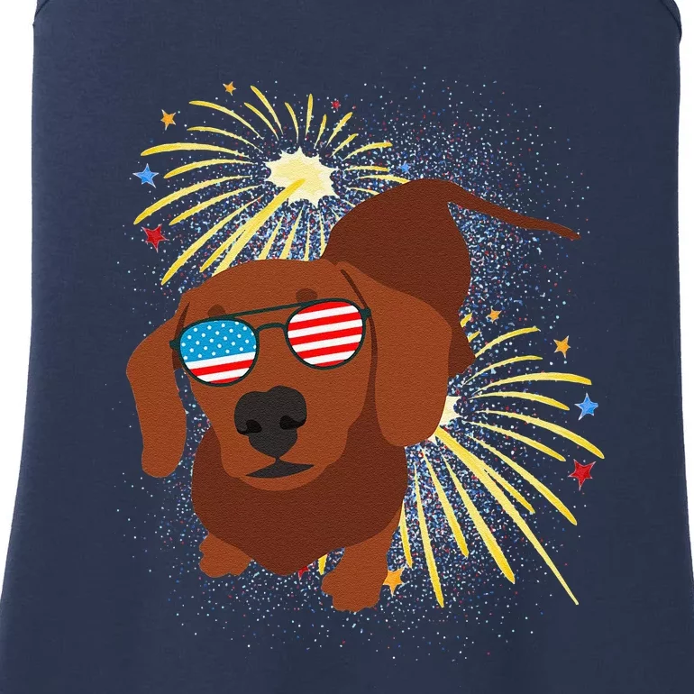 Cool Dog In USA Flag Glasses With Fireworks 4th July Day Ladies Essential Tank