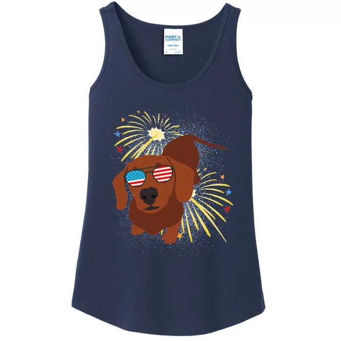 Cool Dog In USA Flag Glasses With Fireworks 4th July Day Ladies Essential Tank