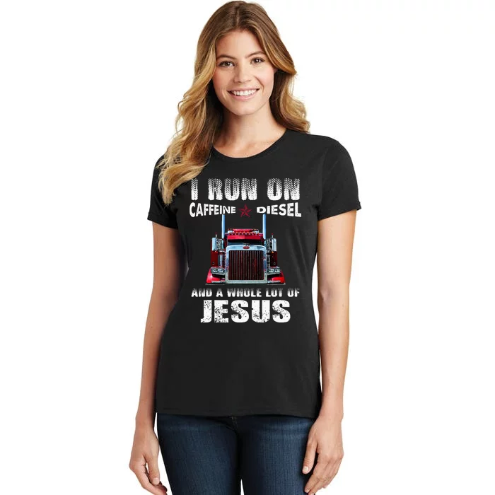 Caffeine Diesel Jesus Christian Trucker Distressed Women's T-Shirt