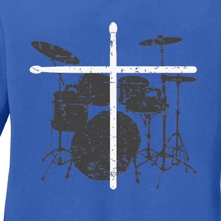 Christian Drummer Jesus Christ Drum Sticks Cross Worship Ladies Long Sleeve Shirt