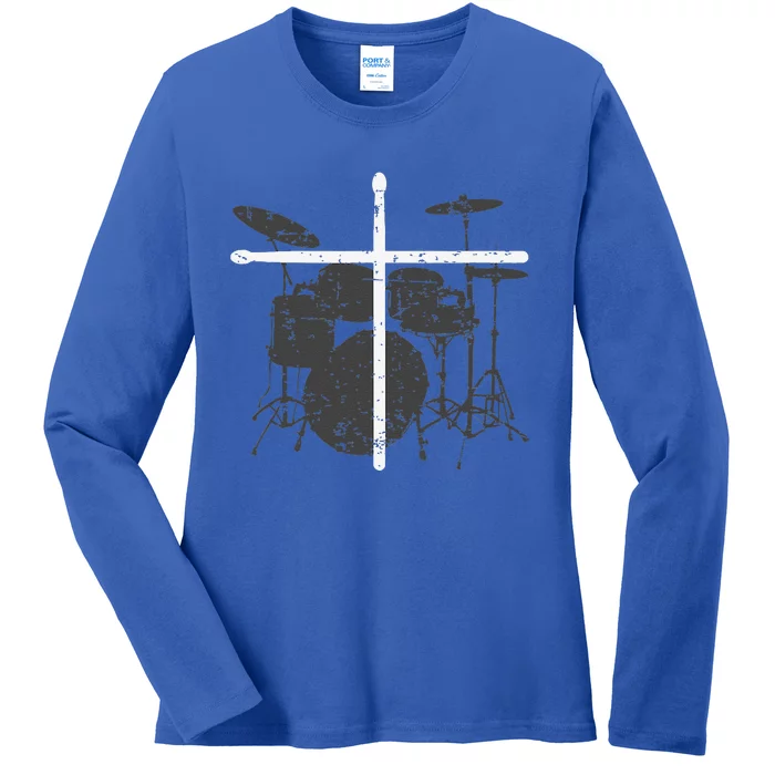 Christian Drummer Jesus Christ Drum Sticks Cross Worship Ladies Long Sleeve Shirt