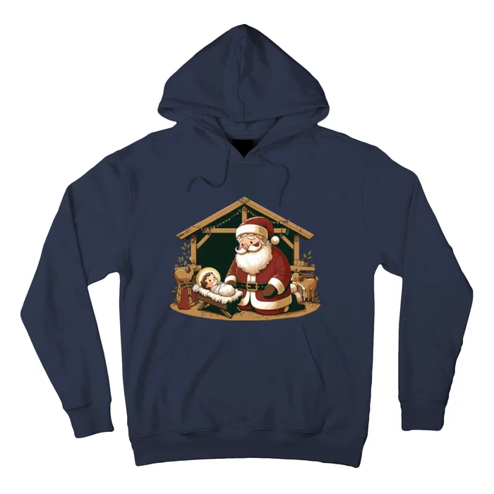 Christmas Design Kneeling Santa Claus With Baby Jesus Hoodie