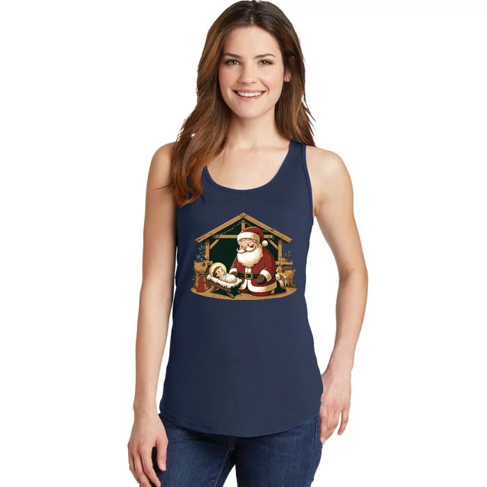 Christmas Design Kneeling Santa Claus With Baby Jesus Ladies Essential Tank