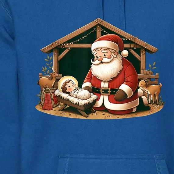 Christmas Design Kneeling Santa Claus With Jesus Cool Gift Premium Hoodie