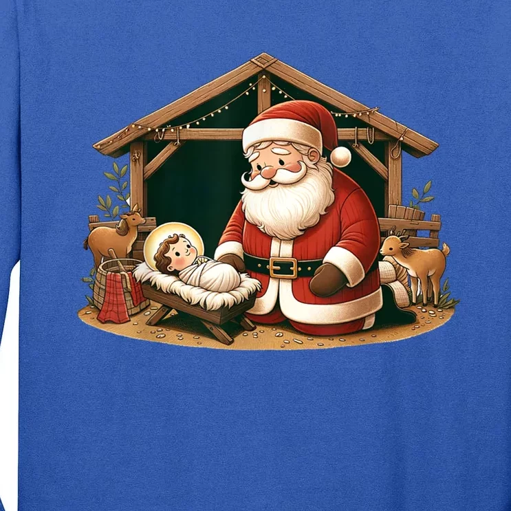 Christmas Design Kneeling Santa Claus With Jesus Cool Gift Tall Long Sleeve T-Shirt