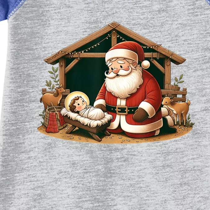 Christmas Design Kneeling Santa Claus With Jesus Cool Gift Infant Baby Jersey Bodysuit