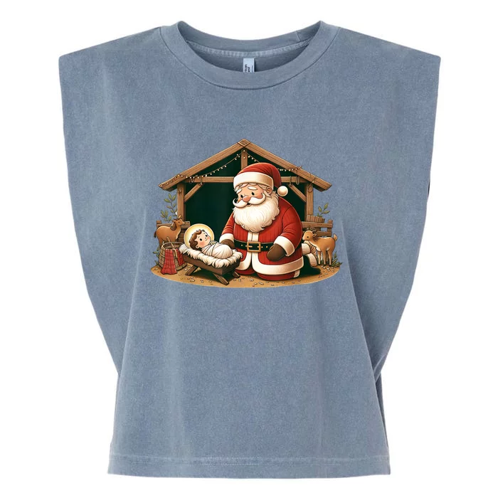 Christmas Design Kneeling Santa Claus With Jesus Cool Gift Garment-Dyed Women's Muscle Tee