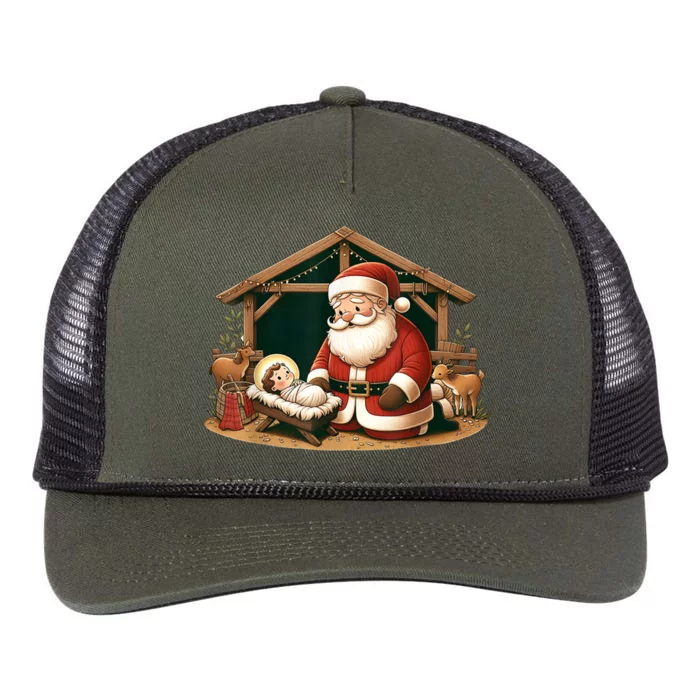 Christmas Design Kneeling Santa Claus With Jesus Cool Gift Retro Rope Trucker Hat Cap