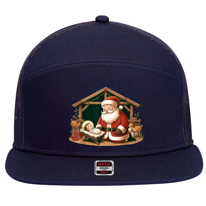 Christmas Design Kneeling Santa Claus With Jesus Cool Gift 7 Panel Mesh Trucker Snapback Hat