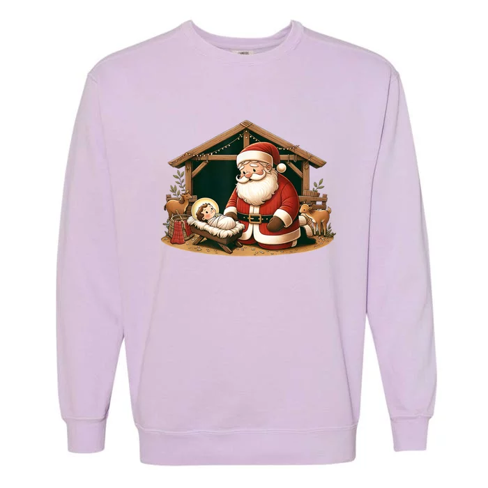 Christmas Design Kneeling Santa Claus With Jesus Cool Gift Garment-Dyed Sweatshirt