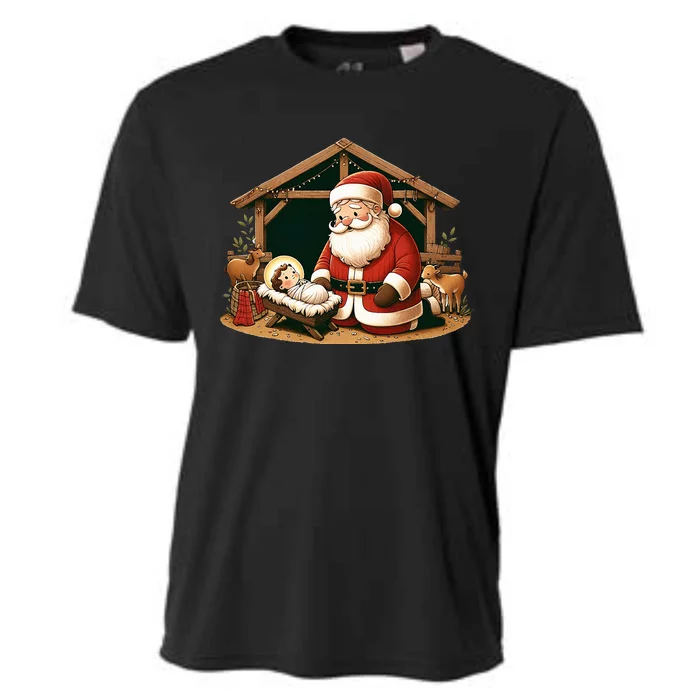 Christmas Design Kneeling Santa Claus With Baby Jesus Cooling Performance Crew T-Shirt