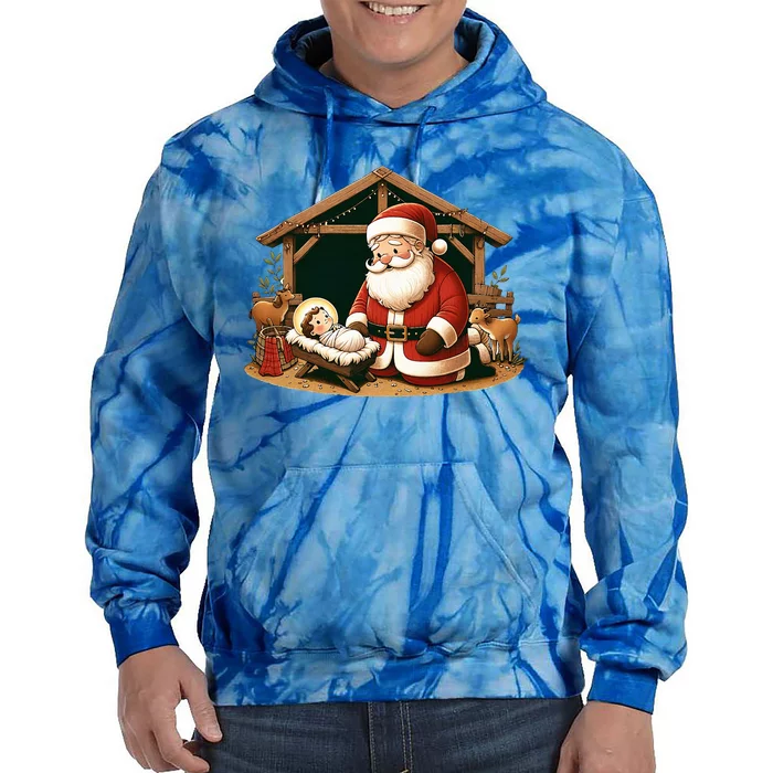 Christmas Design Kneeling Santa Claus With Baby Jesus Tie Dye Hoodie