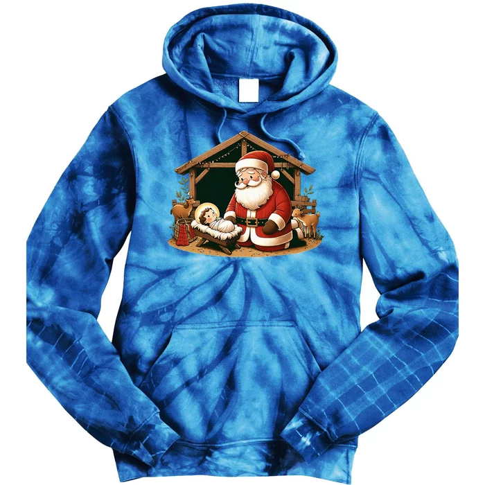 Christmas Design Kneeling Santa Claus With Baby Jesus Tie Dye Hoodie