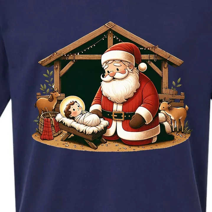 Christmas Design Kneeling Santa Claus With Baby Jesus Sueded Cloud Jersey T-Shirt