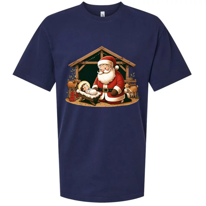 Christmas Design Kneeling Santa Claus With Baby Jesus Sueded Cloud Jersey T-Shirt