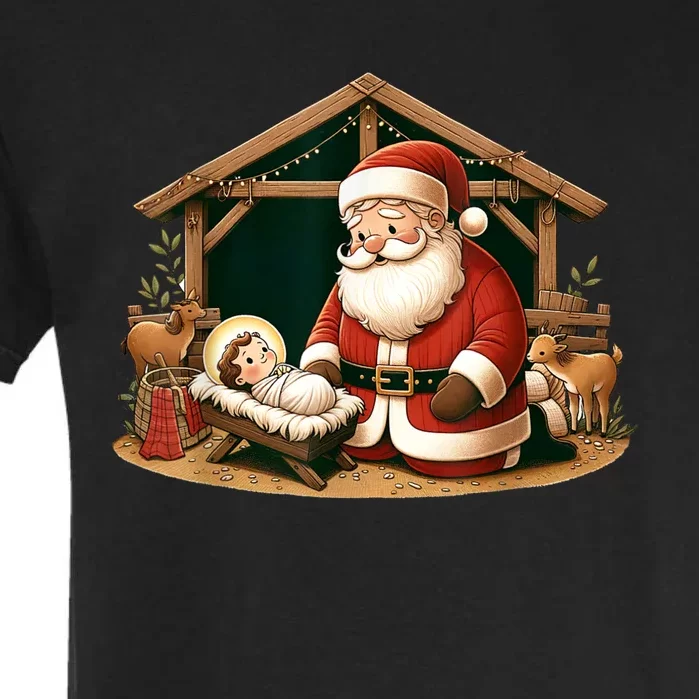 Christmas Design Kneeling Santa Claus With Baby Jesus Garment-Dyed Heavyweight T-Shirt