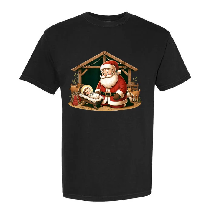 Christmas Design Kneeling Santa Claus With Baby Jesus Garment-Dyed Heavyweight T-Shirt