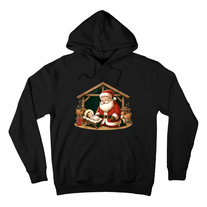 Christmas Design Kneeling Santa Claus With Baby Jesus Hoodie