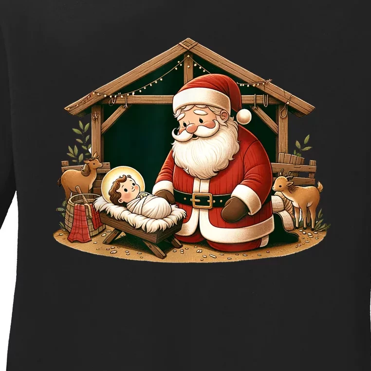 Christmas Design Kneeling Santa Claus With Baby Jesus Ladies Long Sleeve Shirt