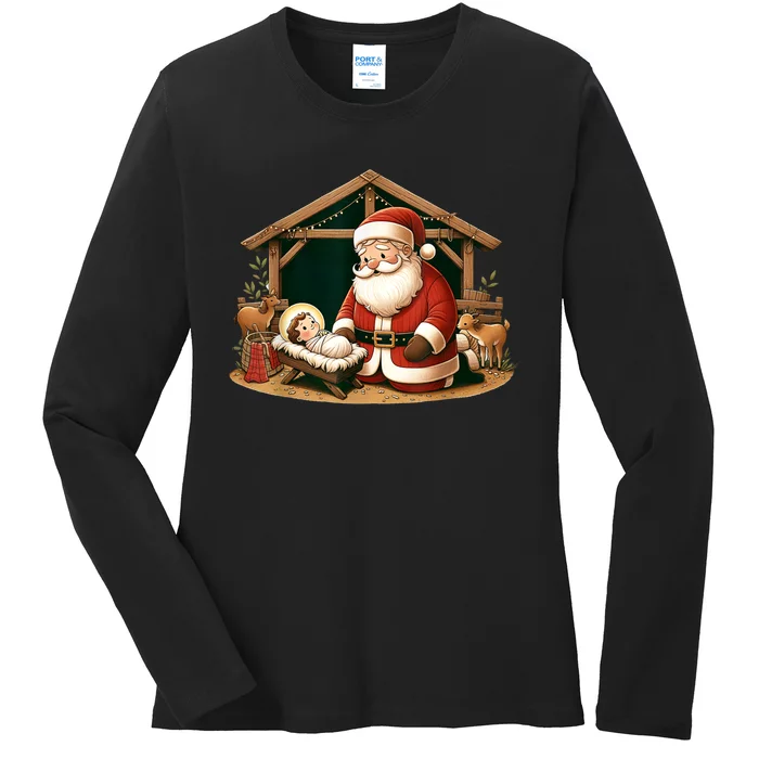 Christmas Design Kneeling Santa Claus With Baby Jesus Ladies Long Sleeve Shirt