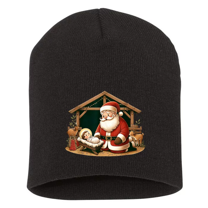 Christmas Design Kneeling Santa Claus With Baby Jesus Short Acrylic Beanie