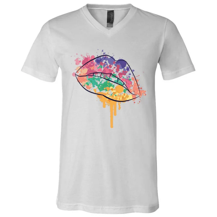 Colorful Drip Lips V-Neck T-Shirt