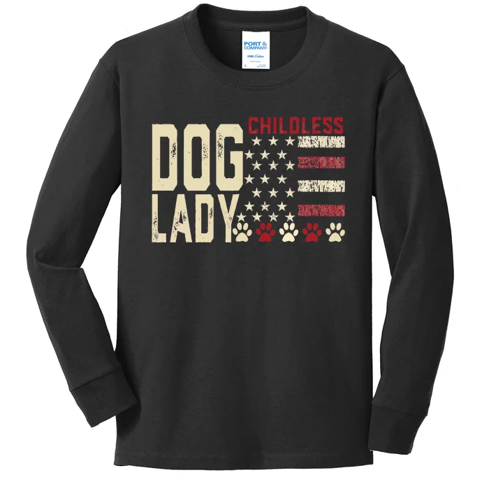 Childless Dog Lady Vote 2024 Us Flag Democratic President Kids Long Sleeve Shirt