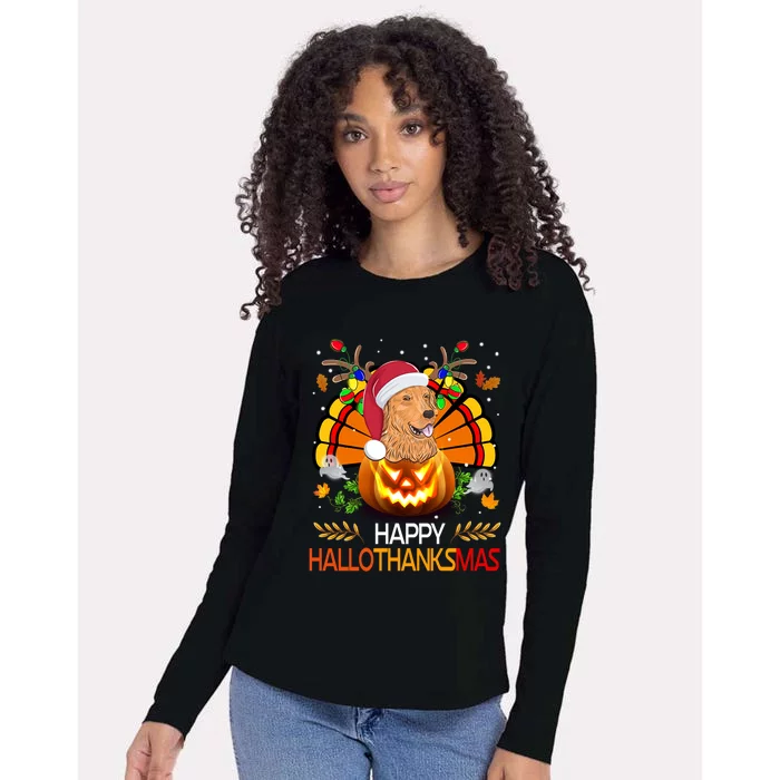 Cute Dog Lover Xmas Lights Turkey Santa Hat Hallothanksmas Gift Womens Cotton Relaxed Long Sleeve T-Shirt