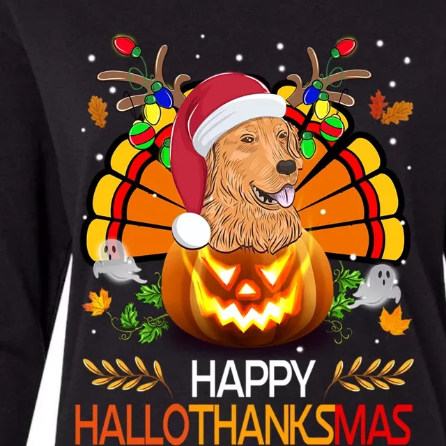 Cute Dog Lover Xmas Lights Turkey Santa Hat Hallothanksmas Gift Womens Cotton Relaxed Long Sleeve T-Shirt