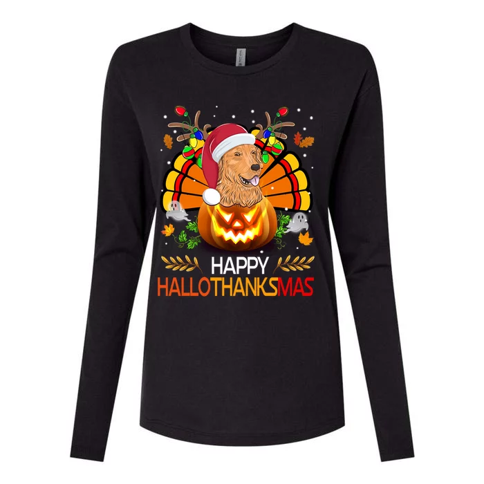 Cute Dog Lover Xmas Lights Turkey Santa Hat Hallothanksmas Gift Womens Cotton Relaxed Long Sleeve T-Shirt