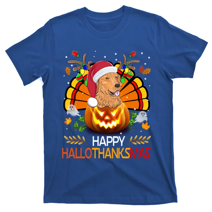 Cute Dog Lover Xmas Lights Turkey Santa Hat Hallothanksmas Gift T-Shirt