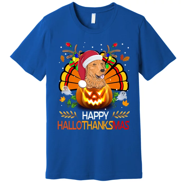 Cute Dog Lover Xmas Lights Turkey Santa Hat Hallothanksmas Gift Premium T-Shirt